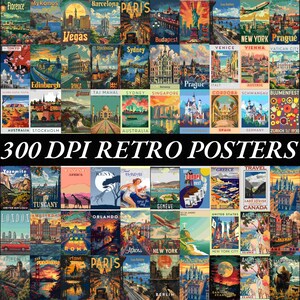 May include: A collage of 36 retro travel posters featuring various cities and landmarks around the world. The posters are in a vintage style with bold colors and typography. The text "300 DPI RETRO POSTERS" is displayed at the bottom of the collage.