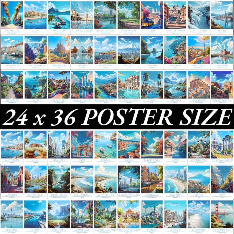 May include: A collage of 36 colorful paintings depicting famous landmarks and cities around the world. Each painting is framed with a white border and the text "24 x 36 POSTER SIZE" is displayed at the bottom of the collage.