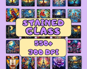 Stained Glass Bundle PNG - High-Resolution - Commercial Use, Stained Glass PNG, Digital Paper