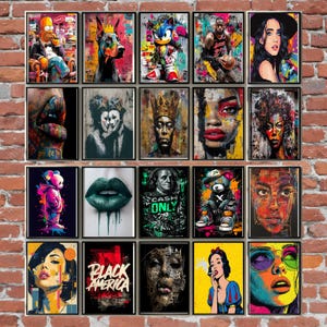 May include: A collection of framed art prints featuring pop art portraits and illustrations. The artwork includes images of celebrities, cartoon characters, and abstract designs. The color palette is vibrant, with bold use of primary and secondary colors.