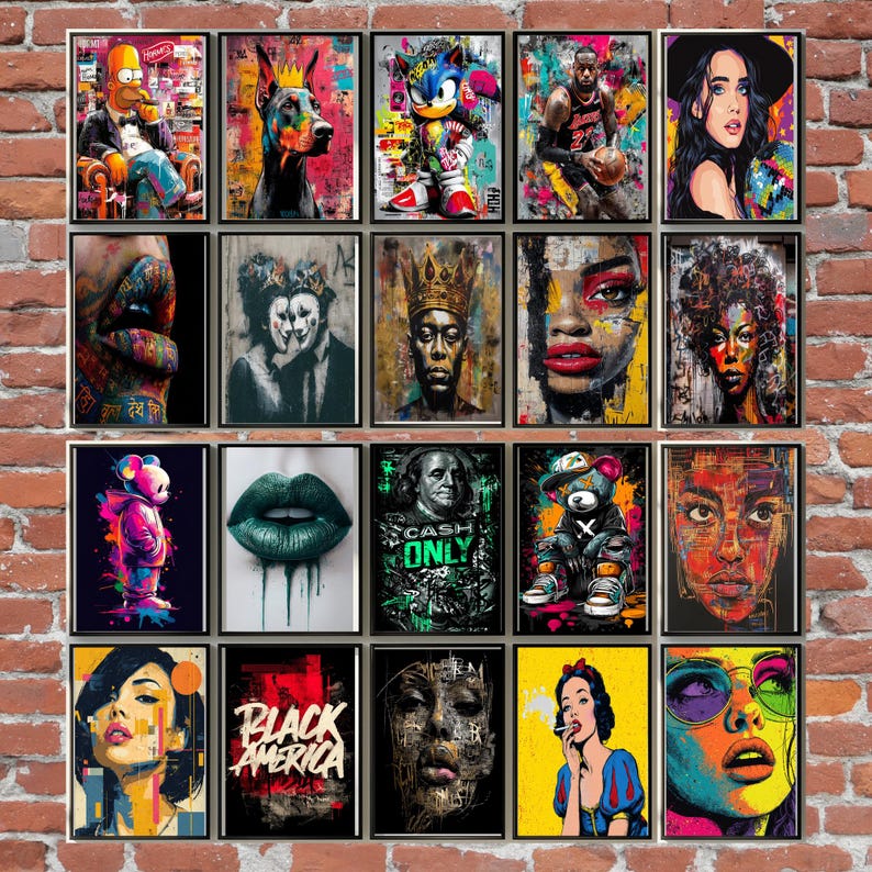 May include: A collection of framed art prints featuring pop art portraits and illustrations. The artwork includes images of celebrities, cartoon characters, and abstract designs. The color palette is vibrant, with bold use of primary and secondary colors.