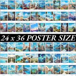 May include: A collage of 36 colorful paintings depicting various landmarks and cities around the world. Each painting is framed with a white border and features a unique style and color palette. The paintings are arranged in a grid pattern and are labeled with the name of the city or landmark depicted. The text "24 x 36 POSTER SIZE" is displayed at the bottom of the collage.