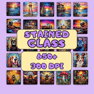 Puede incluir: Una colección de 24 imágenes de vitrales con diversos temas, incluyendo animales, paisajes y diseños abstractos. Las imágenes son de alta resolución y perfectas para proyectos de manualidades, arte digital o impresión.