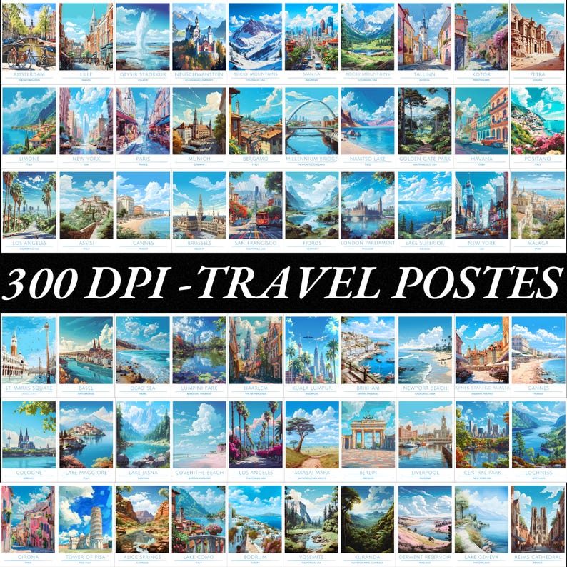 May include: A collage of 36 colorful travel posters featuring iconic landmarks and cityscapes from around the world. The posters are arranged in a grid pattern and feature a variety of styles, including vintage, modern, and abstract. The text "300 DPI - TRAVEL POSTERS" is displayed at the bottom of the image.