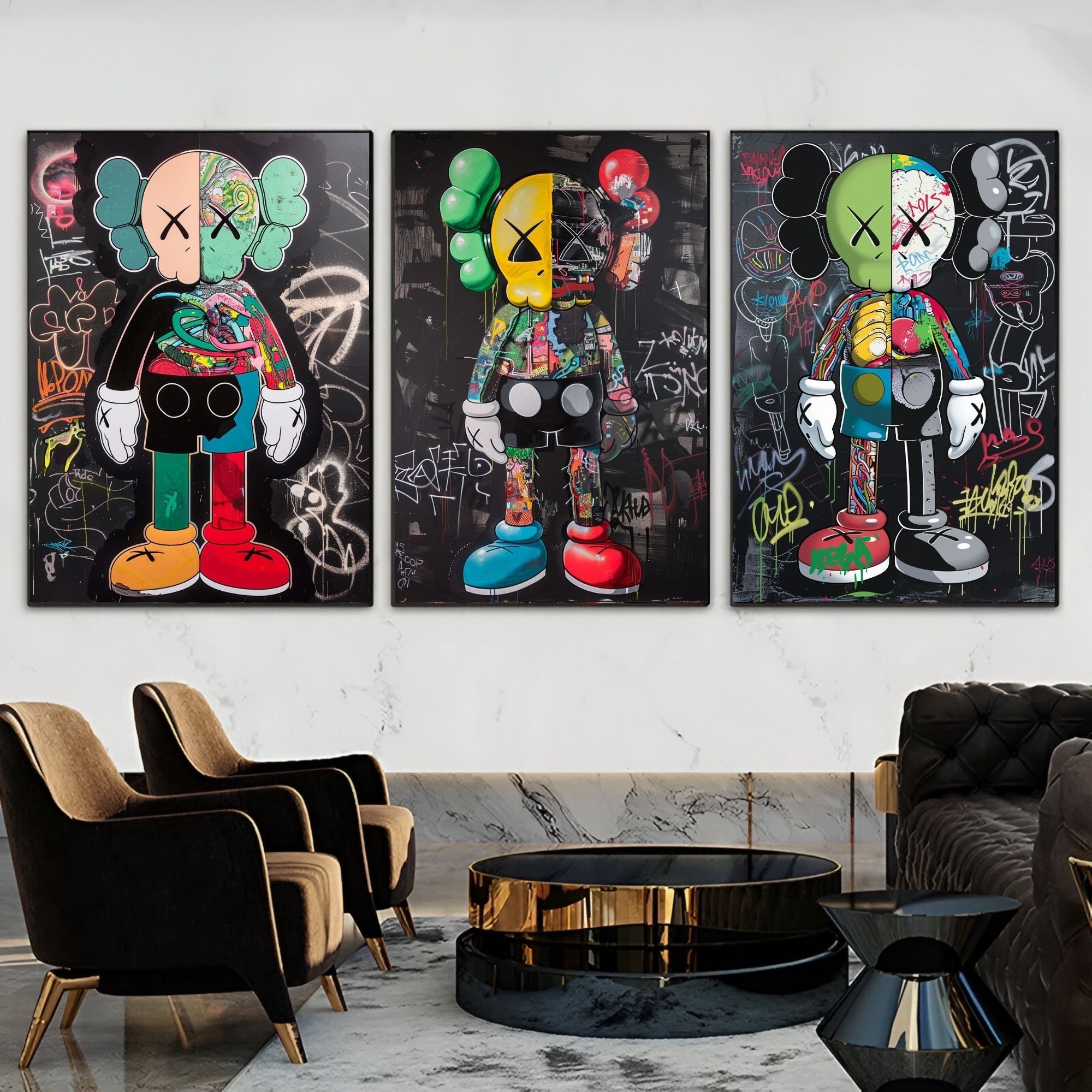 KAWS Graffiti Poster Set of 3 – Modern Hypebeast Wall Art (20x30 & 24x36 in) | Urban Street Decor | Physical Prints for Contemporary Rooms
