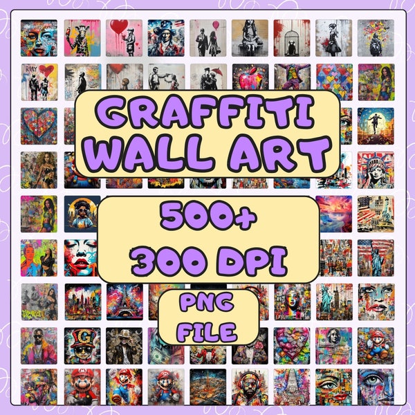 Art mural graffiti imprimable - affiche Street Art Pop Art - peinture graffiti Banksy - fichier PNG numérique, 500 PCS