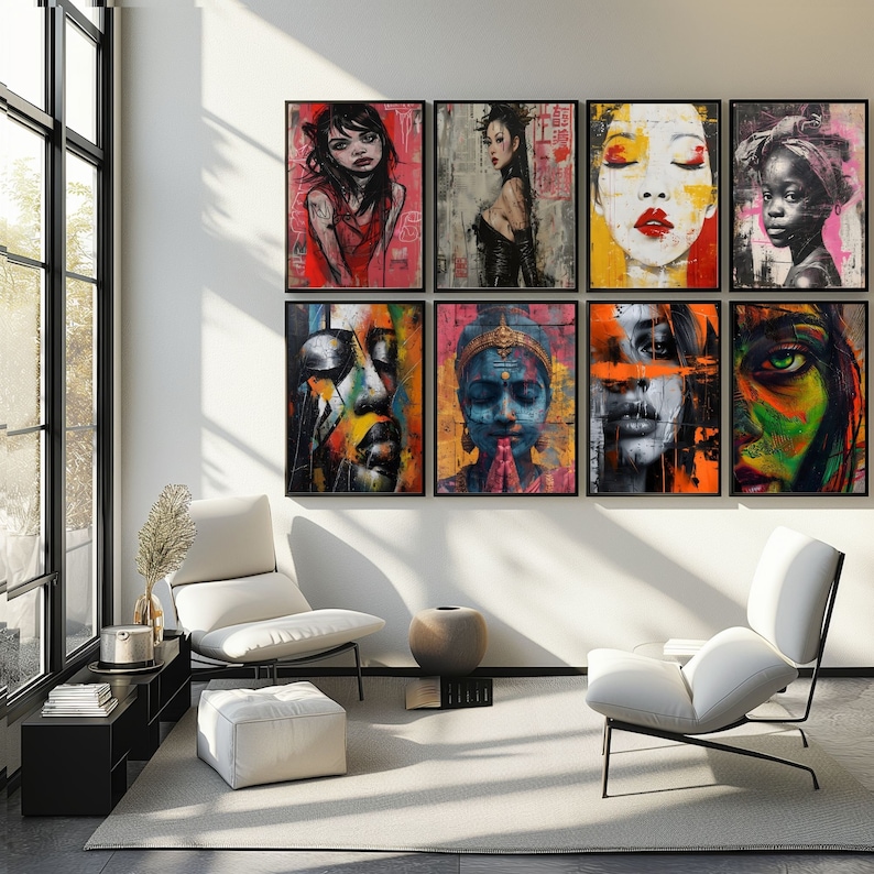 Graffiti Portrait Wall Art Set of 8 – Digital Urban Abstract Faces & Street Style Prints image 1
