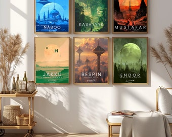 Póster minimalista de Star Wars / Set de láminas decorativas de pared de Endor y Tatooine / Set de 9