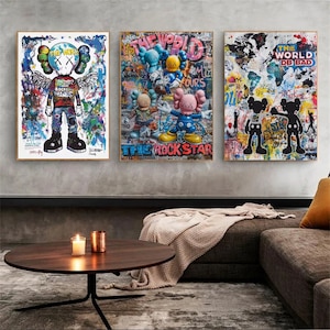 Hypebeast Figure Poster Print | Modern Kaws Painting Wall Art | Set of 3 Replica Decor