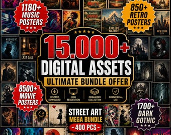Band Posters Set 15000 | Rock Poster Banksy Art Movie Bundle | Vintage Retro Music Wall Collage Digital Download
