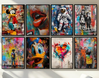 May include: A collection of eight framed art prints featuring vibrant graffiti-style artwork. The prints showcase diverse subjects, including Mickey Mouse, a pair of red lips, an astronaut, children, and a heart. The color palette is bold, with splashes of red, blue, yellow, and green.