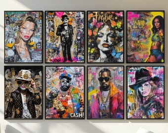 Luxury Pop Graffiti Wall Art Set of 8 – Digital Urban Prints Fashion, Hip Hop