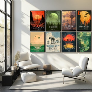 Póster minimalista de Star Wars / Juego de impresiones de arte mural de Endor Tatooine / Idea de regalo de ciencia ficción (descarga digital, juego de 9)