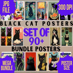 以下が含まれることがあります： 様々なスタイルと色で構成された、90点以上の黒猫ポスターのセット。ポスターには、王冠をかぶった黒猫、新聞を読んでいる黒猫、ワインのボトルを持っている黒猫など、さまざまなポーズと設定の黒猫が描かれています。ポスターはすべて300 DPIで、JPG形式で入手できます。