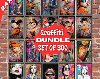 May include: A collection of 16 framed art prints with graffiti-style artwork. The prints feature various pop culture characters and portraits in vibrant colors. The text "Graffiti Bundle Set of 300" is displayed in a red burst. The dimensions are 24x36 inches.