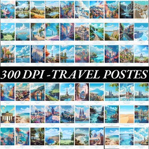 May include: A collage of 48 colorful illustrations of famous landmarks and cities around the world. Each illustration is framed with a white border and includes the name of the location. The text "300 DPI - TRAVEL POSTERS" is displayed in bold, black letters at the bottom of the collage.