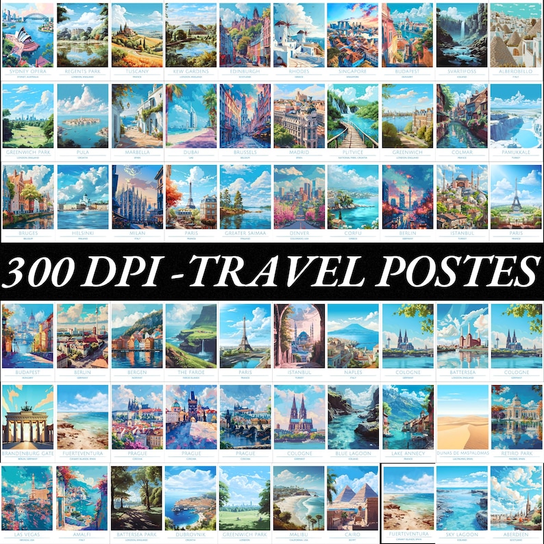 May include: A collage of 48 colorful illustrations of famous landmarks and cities around the world. Each illustration is framed with a white border and includes the name of the location. The text "300 DPI - TRAVEL POSTERS" is displayed in bold, black letters at the bottom of the collage.