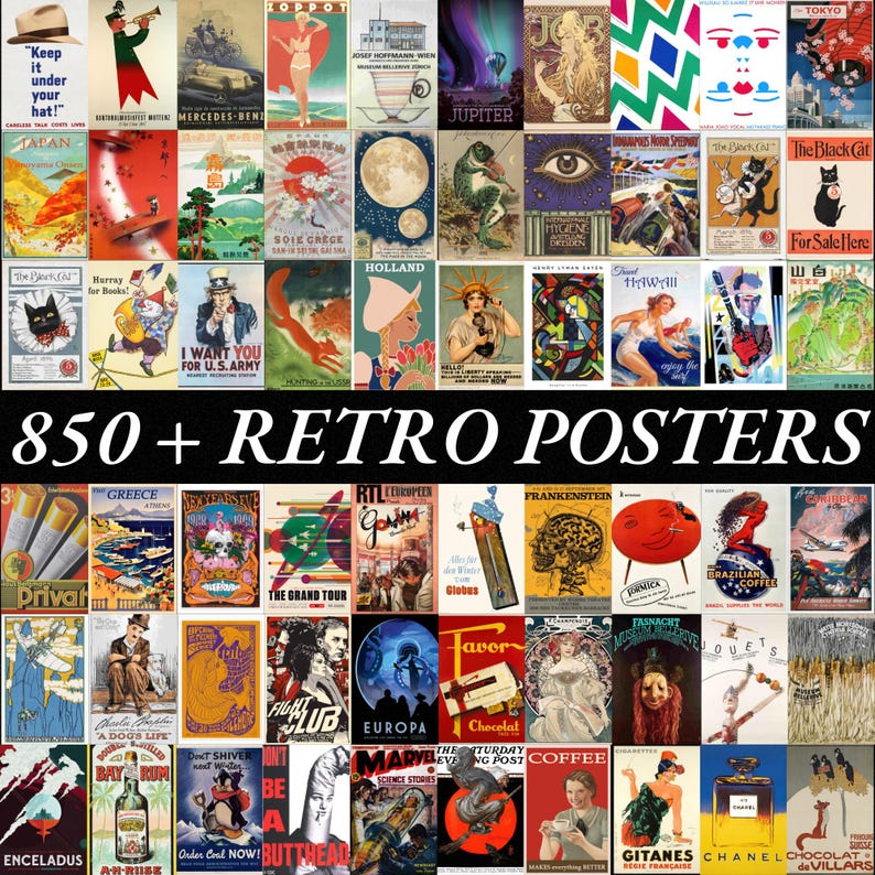 Vintage Retro Poster Bundle Digital Wall Art | 850+ Aesthetic Retro Prints | Modern Wall Decor | High-Quality 300 DPI Poster Pack image 2