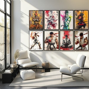 May include: A set of eight framed art prints featuring various characters in a fighting pose. The prints are in a modern style with a black frame and white matting. The characters are depicted in a variety of poses, including striking, blocking, and meditating. The prints are arranged in a grid pattern on a white wall.