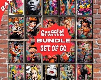 Graffiti Pop Art Printable Poster Bundle Set of 60, Modern Street Style Portraits & Urban Collage Prints, Fashion-Inspired Digital Wall Art