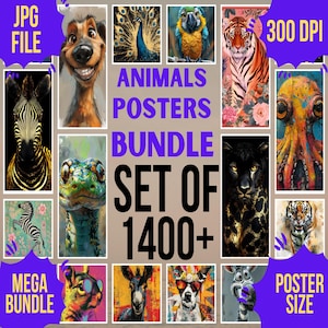 1400+ Animal Poster Bundle, Digital Animal Prints, High-Quality JPG, 300 DPI Wall Art, Wildlife Print Collection, Colorful Animal Art Pack