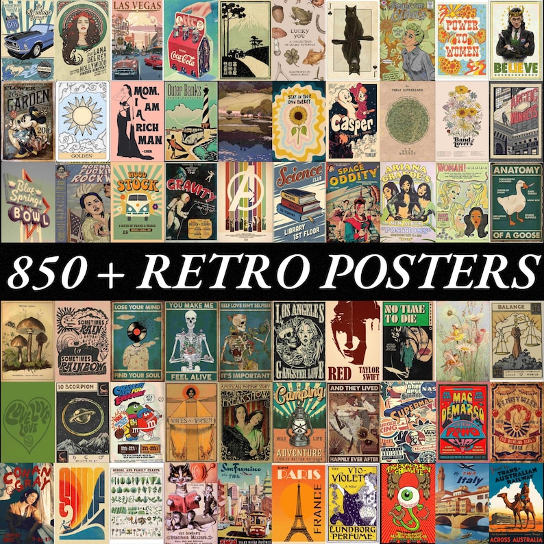 Vintage Retro Poster Bundle Digital Wall Art | 850+ Aesthetic Retro Prints | Modern Wall Decor | High-Quality 300 DPI Poster Pack image 5