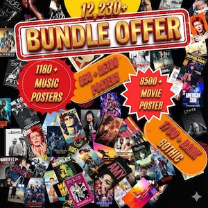 May include: A collection of posters featuring music, retro, movie, and gothic themes. The image includes text that reads "BUNDLE OFFER" and various numbers indicating the quantity of posters available in each category.