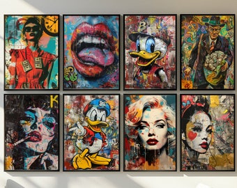 Pop Graffiti Wall Art Set of 8 – Digital Street Style Prints with Lips, Characters