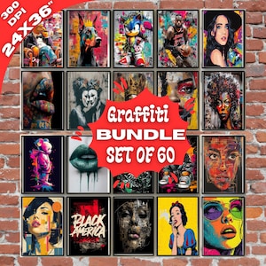 Op de afbeelding: Een verzameling van 16 ingelijste kunstprints met graffiti-portretten en pop-art ontwerpen. Het kunstwerk bevat afbeeldingen van een hond, Sonic the Hedgehog, een basketballer en verschillende gezichten. De tekst "Graffiti Bundle Set of 60" wordt weergegeven.