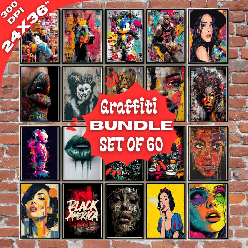 May include: A collection of 16 framed art prints featuring graffiti-style portraits and pop art designs. The artwork includes images of a dog, Sonic the Hedgehog, a basketball player, and various faces. The text "Graffiti Bundle Set of 60" is displayed.