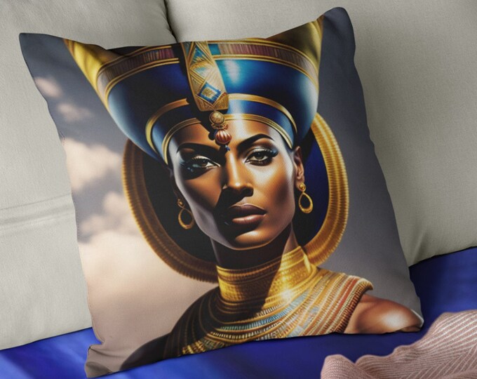 Spun Polyester Square Pillow with Queen Nefertiti Painting 1, Home Decor, Bedding, Bedroom, Apartment, Anniversary, Xmas, Arts -Gifts