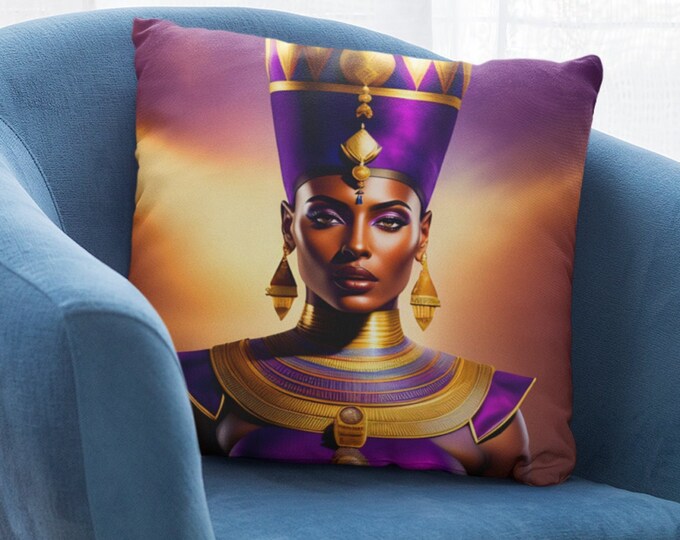 Spun Polyester Square Pillow with Queen Nefertiti Painting 5, Home Decor, Bedding, Bedroom, Apartment, Anniversary, Xmas, Arts -Gifts