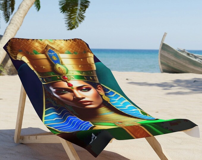 Beach Towel with Egyptian Art Queen Nefertiti Painting 7, Beach Blanket, Vacation Gift, Summer, Pool Towel, Black Woman Art, African Art