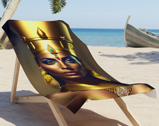Beach Towel with Egyptian Art Queen Nefertiti Painting 8, Beach Blanket, Vacation Gift, Summer, Pool Towel, Black Woman Art, African Art