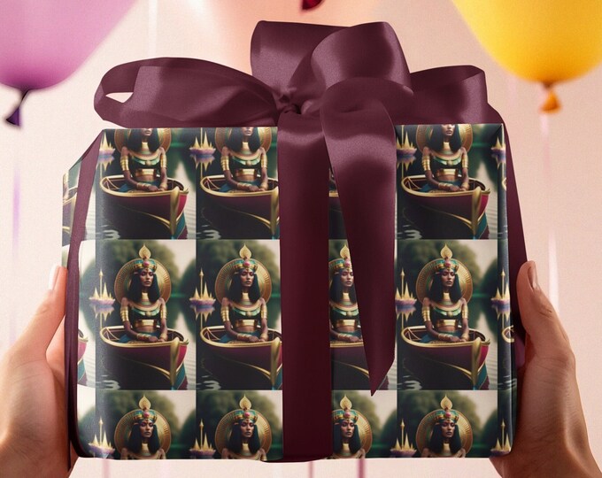 Gift Wrapping Paper with Queen Nefertiti Painting 36, Xmas Presents, Birthday Gifts for Best Friends, Graduate, Eco-Friendly, Black Art