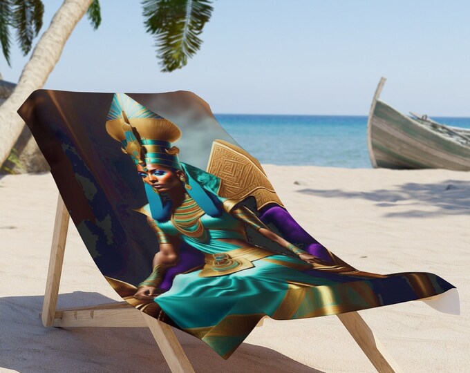 Beach Towel with Egyptian Art Queen Nefertiti Painting 16, Beach Blanket, Vacation Gift, Summer, Pool Towel, Black Woman Art, African Art