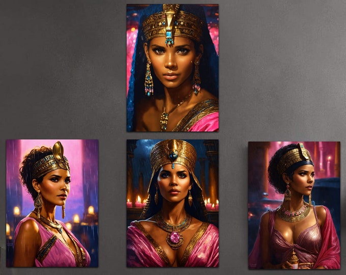 Egyptian Queen Cleopatra Paintings of A Rainy Candles Lit Night in Egypt, Wall Art Set of 4, Egypt Art Print, Digital Prints, Afro Png, Pink