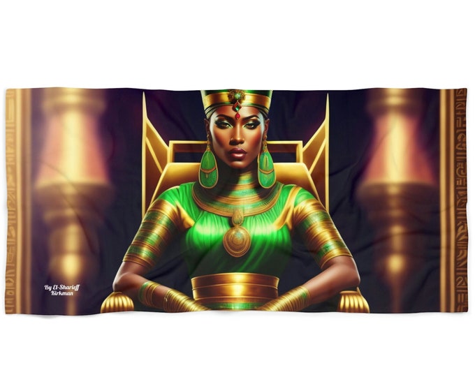 Beach Towel with Egyptian Art Queen Nefertiti Painting 2, Beach Blanket, Vacation Gift, Summer, Pool Towel, Black Woman Art, African Art