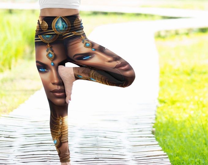 High Waisted Yoga Pants with Egyptian Queen Cleopatra Painting 13, Leggings Women, Cozy Loungewear, Exercise Pants, Workout, Black Women Art