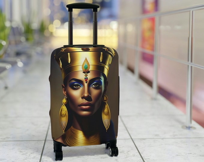 Luggage Cover with Egyptian Queen Nefertiti Painting 8, Luggage Protector, Suitcase Cover, Holiday, Vacation, African Wrap, Black Woman Art