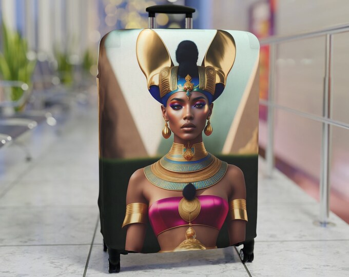 Luggage Cover Of Egyptian Goddess Bastet Painting 8, Luggage Protector, Suitcase Cover, Holiday, Vacation, African Wrap, Black Woman Art