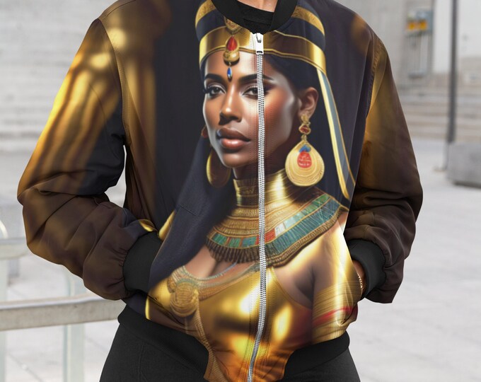 Bomber Jacket with Queen Cleopatra Painting 10, Handmade, Coat, Women Casual Wear, Mens Clothing, Black Art, Gift for Her, Gift for Him
