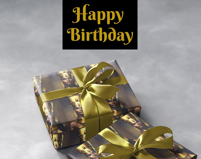 Gift Wrapping Paper with Queen Nefertiti Painting 8, Xmas Presents, Birthday Gifts for Best Friends, Graduate, Eco-Friendly, Black Art