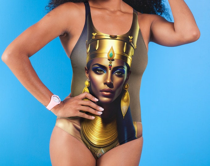 Bridesmaid Swimsuit with Egyptian Queen Nefertiti Painting 8, Swimwear, Bathing Suit, Pool, Beach, Summer, Black Woman Art, African Bikini