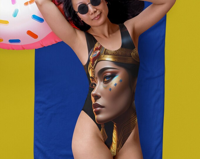 Swimsuit with Egyptian Queen Cleopatra Painting 4, Swimwear, Bride Bathing Suit, Beach Wear, Bikini, Afrocentric Art, African Fashion