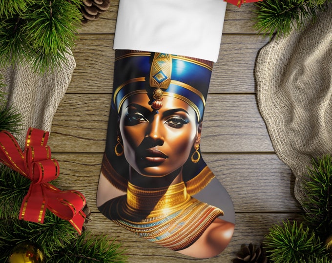 Holiday Stockings with Egyptian Queen Nefertiti Painting 1, Xmas, Christmas Gifts, Kwanzaa, Stocking Stuffer, Holiday Decor, Black Artwork