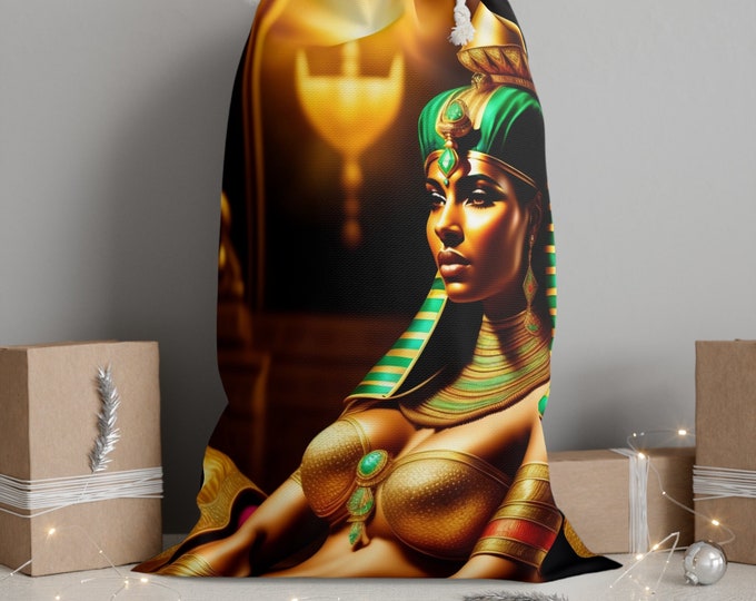 Christmas Santa Sack Bag with Queen Cleopatra Painting 37, Holiday Gift Bag, Xmas Decor, Velour Fabric, Black Artwork, Afrocentric Art