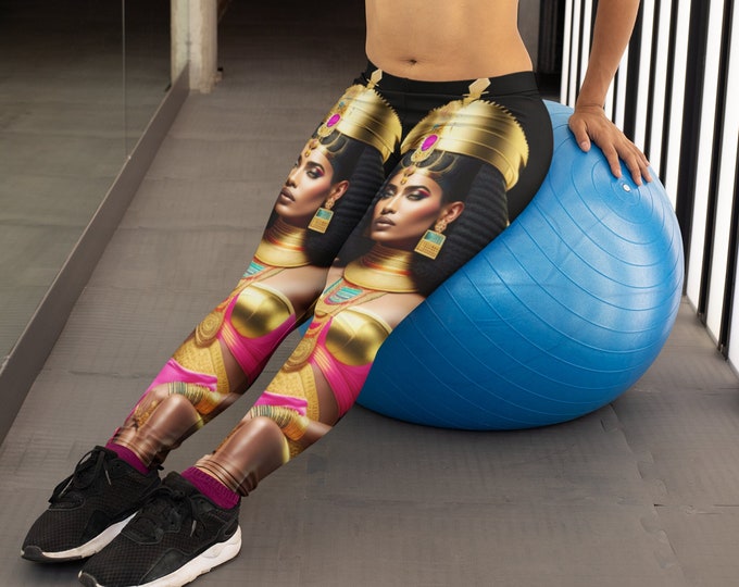High Waisted Yoga Pants with Egyptian Queen Cleopatra Painting 14, Leggings Women, Cozy Loungewear, Exercise Pants, Workout, Black Women Art