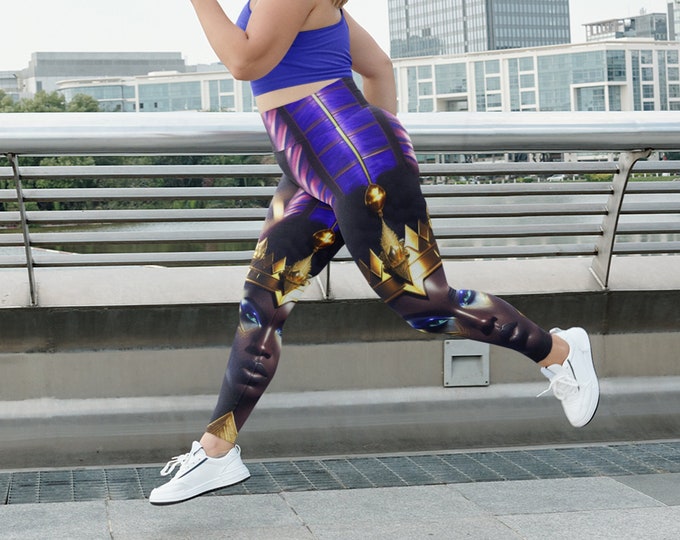 High Waisted Yoga Pants with Egyptian Goddess Isis Painting 3, Leggings Women, Cozy Loungewear, Exercise Pants, Afro Art, Black Women Art