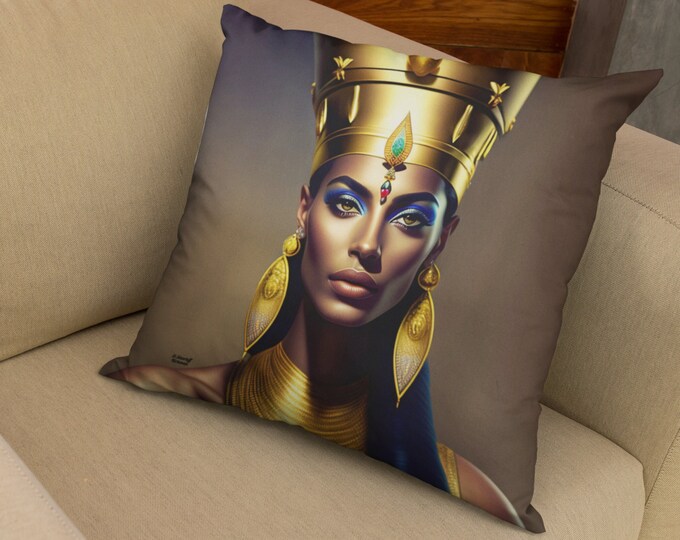 Spun Polyester Square Pillow with Queen Nefertiti Painting 8, Home Decor, Bedding, Bedroom, Apartment, Anniversary, Xmas, Arts -Gifts